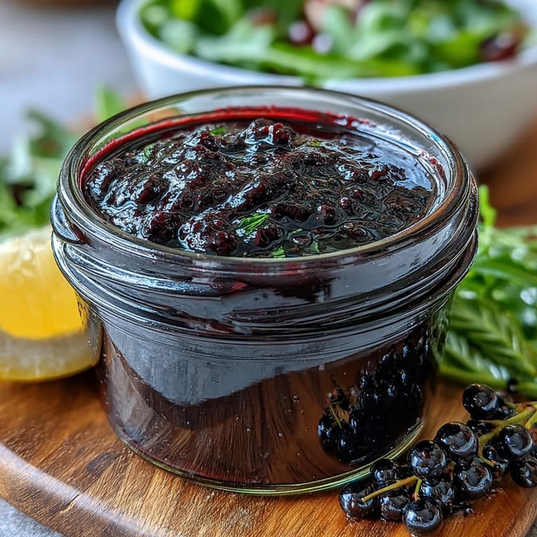 Vibrant Black Currant Vinaigrette ingredients including black currant juice, vinegar, and Dijon mustard arranged on a marble counter.