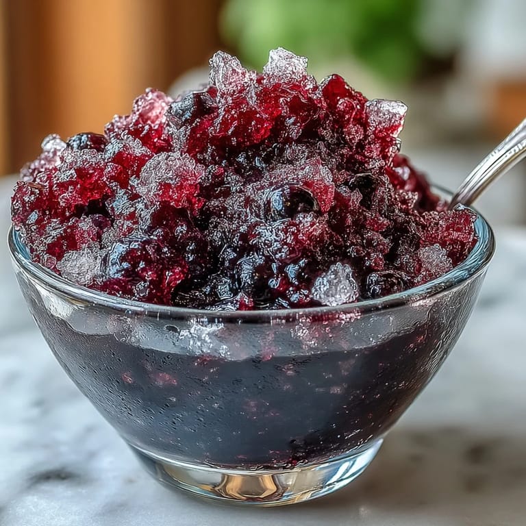 This vegan Black Currant Granita dessert is fluffed with a fork, revealing its crystalline, shaved ice consistency and deep ruby color.