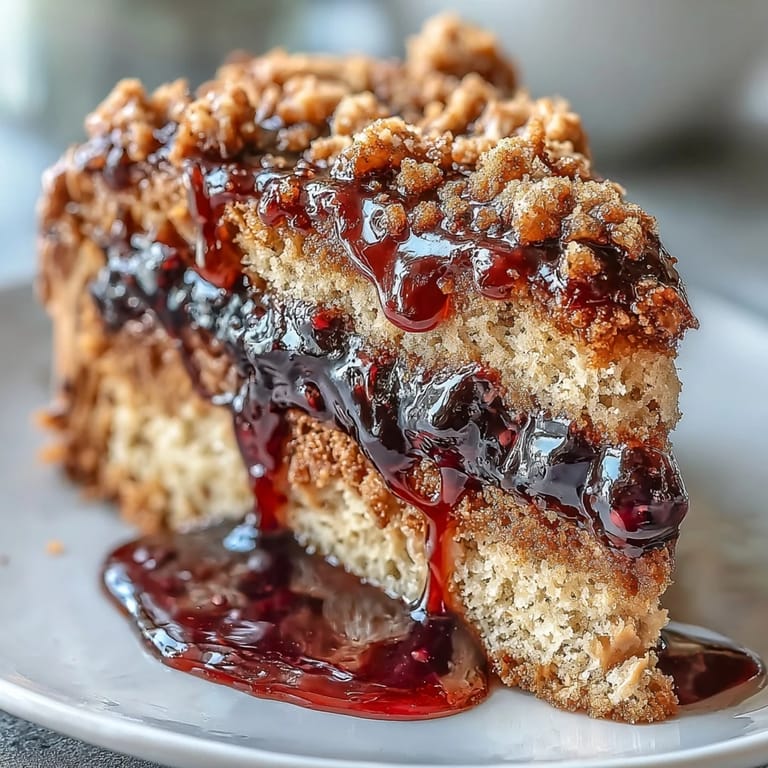 A plated slice of PB and J Cake With Black Currant Sauce reveals moist peanut butter layers and vibrant jam center.