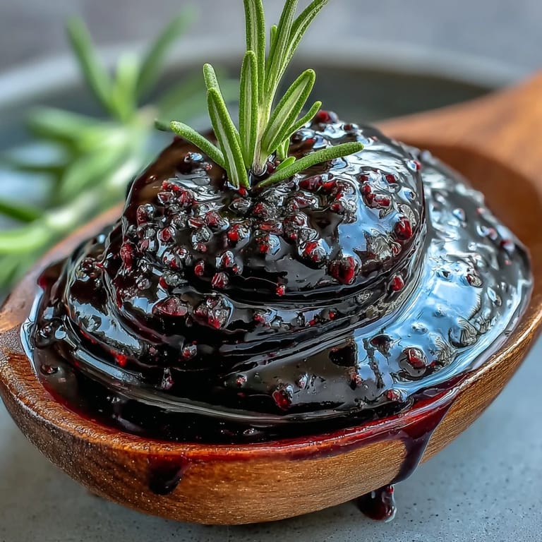 A small glass jar filled with homemade Black Currant and Rosemary Reduction, set on a rustic wooden table with wine and fresh rosemary sprigs.