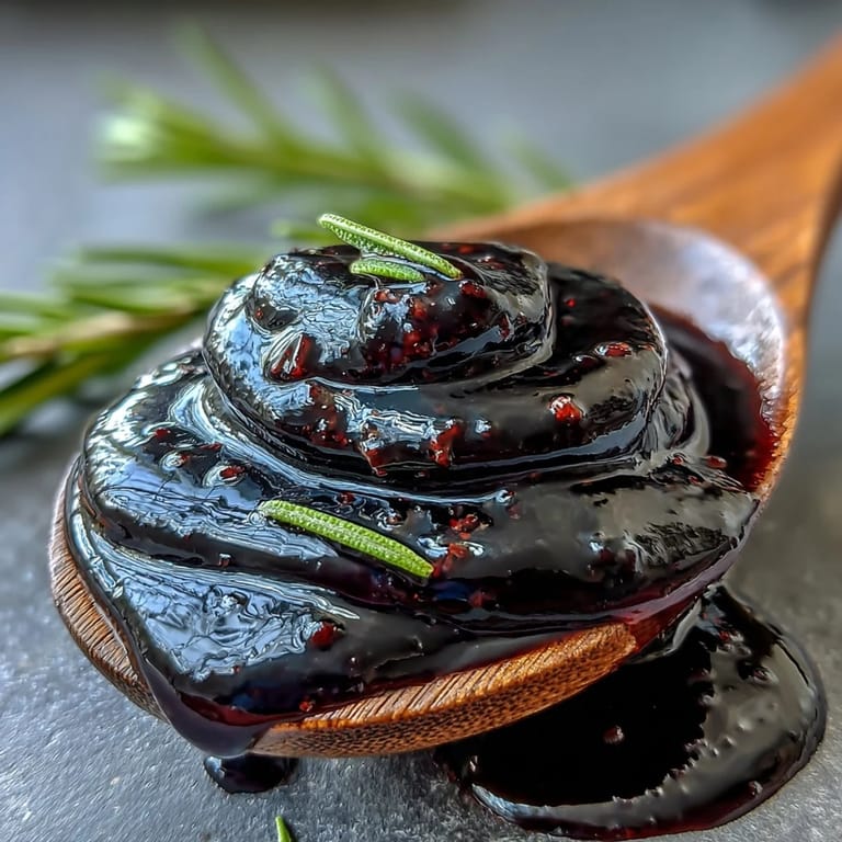 A drizzle of Black Currant and Rosemary Reduction enhances a plated serving of roasted lamb, accompanied by vibrant green herbs and roasted root vegetables.