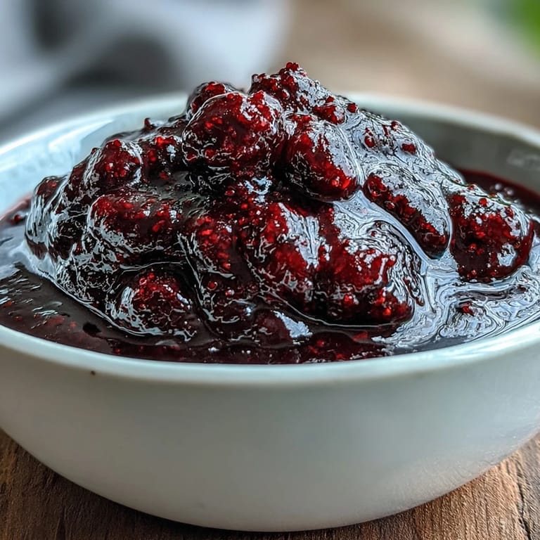 Close-up of a spoon lifting velvety Black Currant Reduction beside charcuterie and soft cheese on a board.