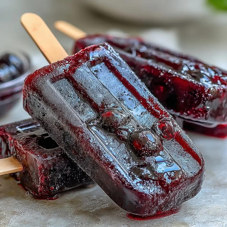 A close-up shot of a Black Currant Popsicle held by a hand, revealing glistening ice crystals and a tart, juicy texture.