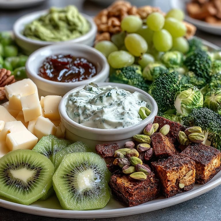 Festive St. Patrick's Day green food board featuring colorful fruits, veggies, cheeses, and savory snacks in a cheerful arrangement.  