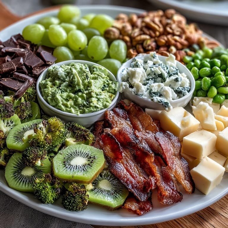 Celebrate St. Patrick's Day with this eye-catching green food board, loaded with fresh produce, cheeses, and tasty treats.