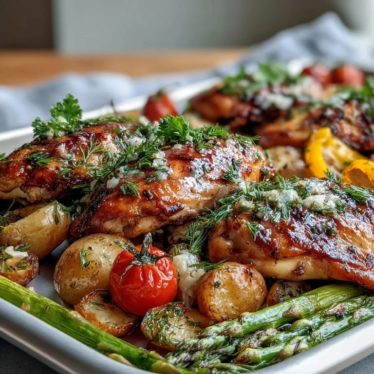 Healthy sheet pan chicken with seasonal veggies, tender chicken and roasted spring vegetables drizzled with lemon-herb marinade for flavor.
