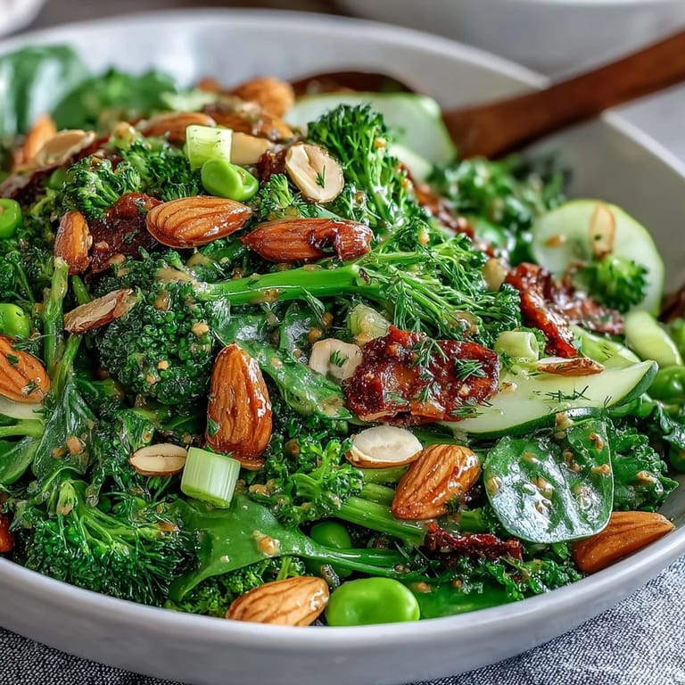 Vibrant honey mustard spring green salad with crunchy snap peas, radishes, and toasted almonds, perfect for a light lunch.  