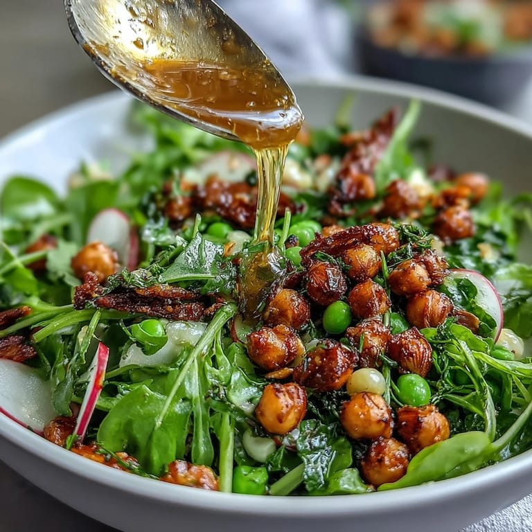 Fresh spring green salad with tangy honey mustard vinaigrette, crunchy almonds, and colorful vegetables, ideal for spring gatherings.