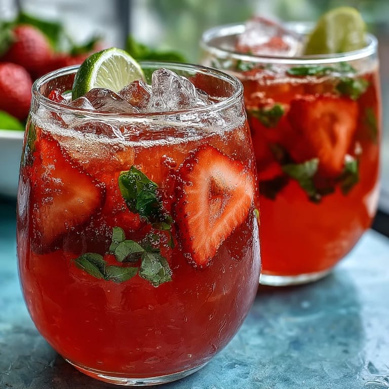 Refreshing strawberry basil lemonade mocktail, served in a clear pitcher with ice and sparkling water for fizz.  