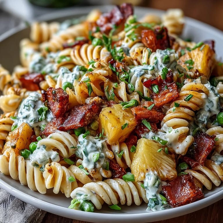 Refreshing Hawaiian Pasta Salad with Ham, Pineapple, and Ranch—chilled pasta tossed with tropical fruit, crisp vegetables, and savory ham.