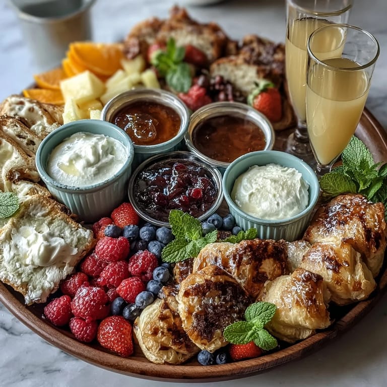 Elegant brunch board featuring assorted pastries, seasonal fruits, and bubbly mimosas—perfect for a joyful Mothers Day celebration with loved ones.