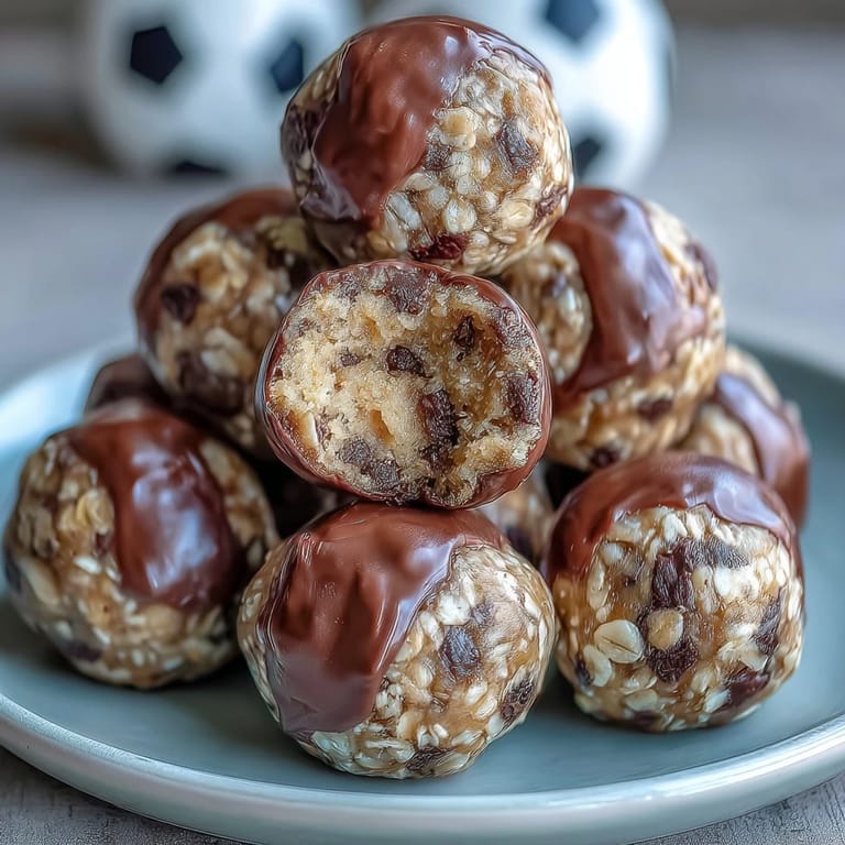 Easy no-bake energy balls packed with oats and chocolate chips, great for soccer game day snacking.