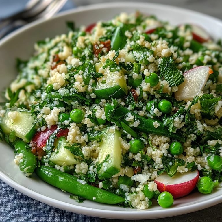Fluffy couscous tossed with tender spring peas, fresh mint, and crisp cucumber, drizzled with lemon-garlic dressing for a bright, herbaceous flavor.  