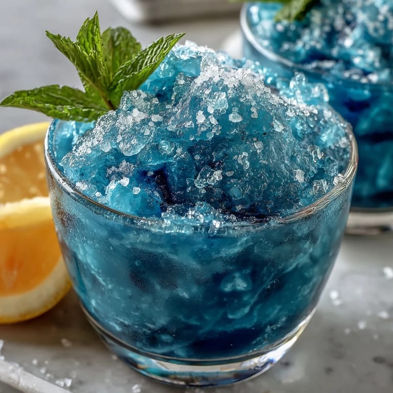 Vibrant blue raspberry lemonade slushie with a tangy citrus kick, served in a sugar-rimmed glass for a festive touch.