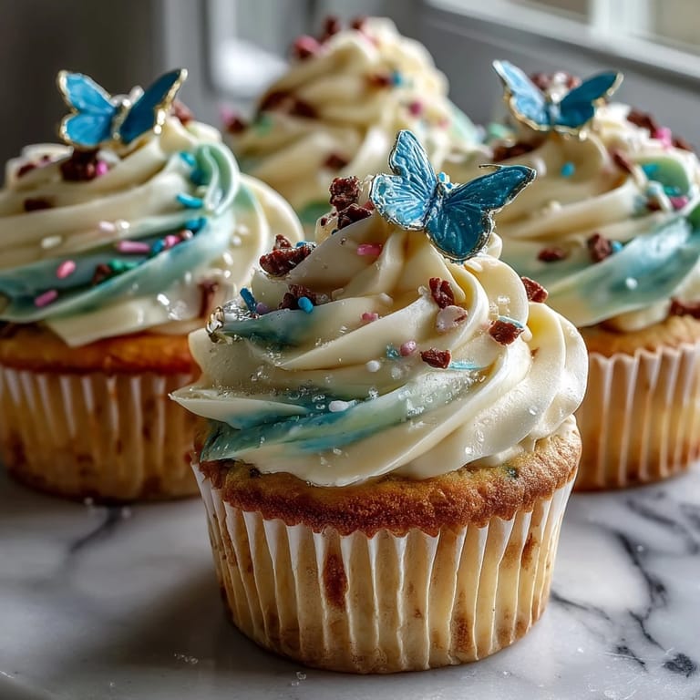 Pastel Butterfly Buttercream cupcakes, featuring vibrant vanilla cake and swirled buttercream in pink, yellow, and green hues.  