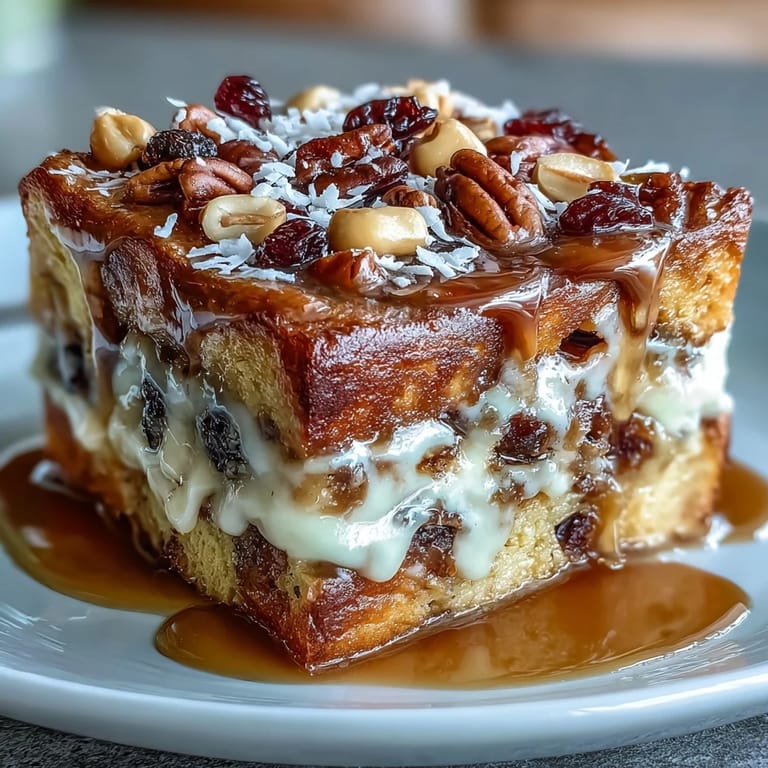 2. Layered capirotada dessert featuring bolillo bread, raisins, dried fruit, and a cinnamon-spiced syrup.  