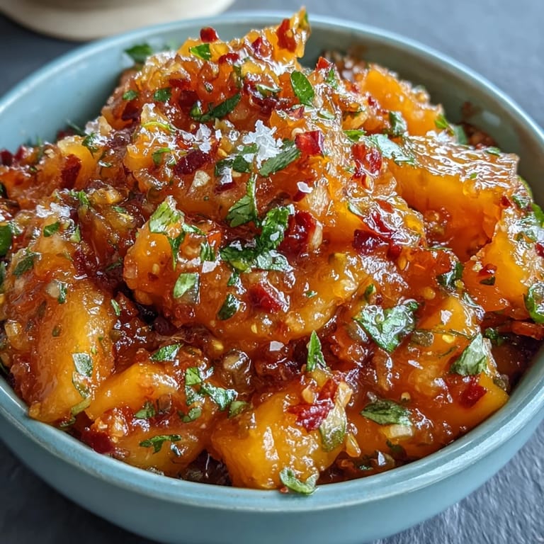 Close-up of refreshing mango habanero salsa, ideal for tacos and grilled favorites.