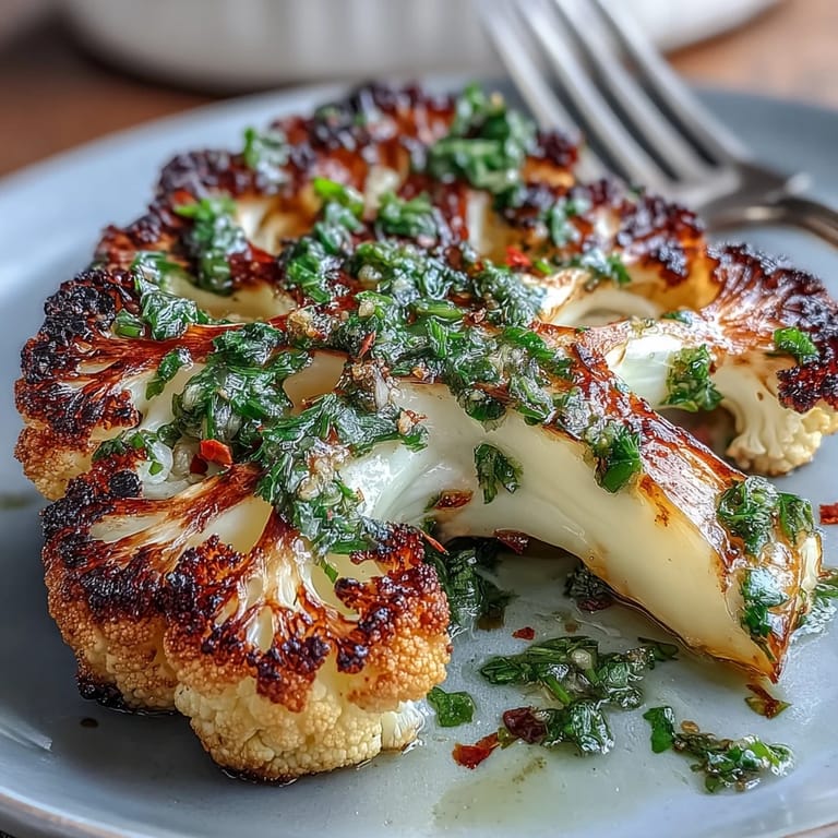 Grilled BBQ Cauliflower Steaks piled high, overflowing with zesty herb sauce.