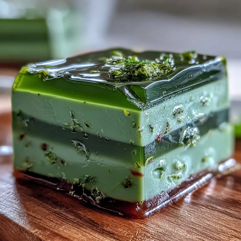 Slippery Yokan Japanese Red Bean Jelly with Matcha Layer, showcasing its distinct green and brown hues.