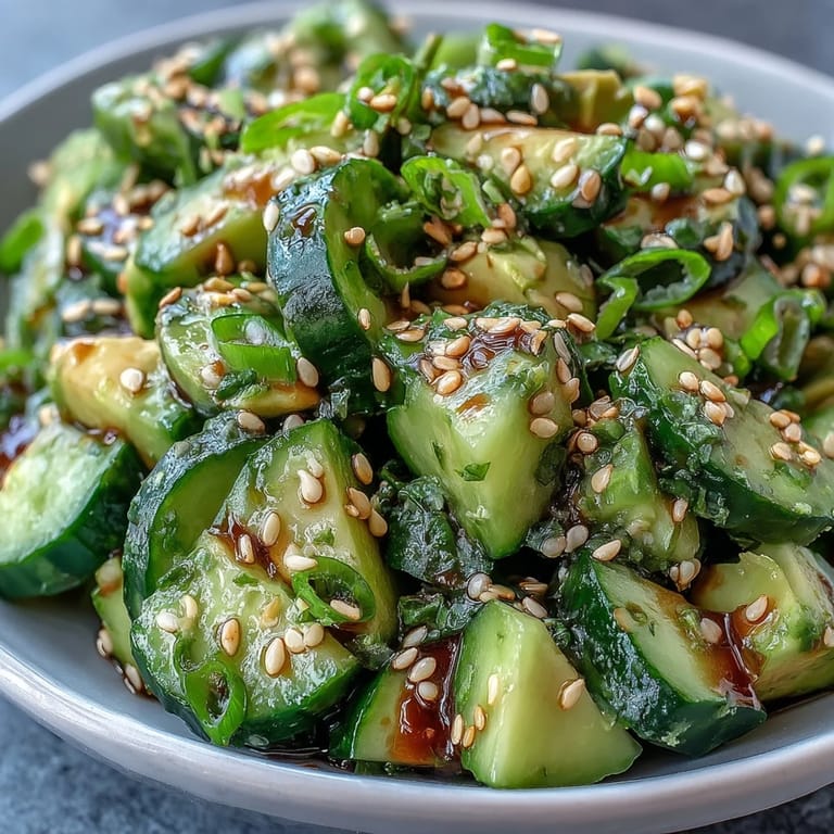 Creamy smashed cucumber avocado salad, ready to be garnished with sesame seeds.