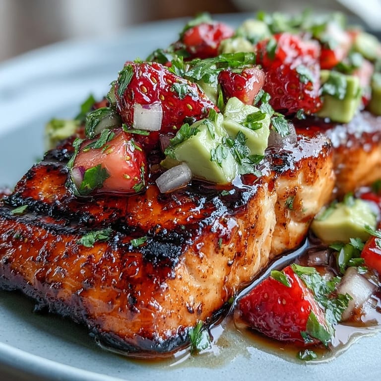 Savory grilled salmon showcasing a vibrant strawberry avocado salsa, an easy weeknight delight.