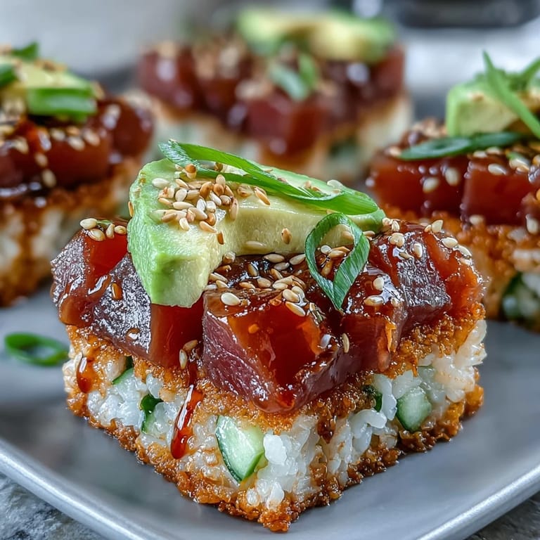 Vibrant sushi-inspired crispy rice salad, perfect served with fresh vegetables.