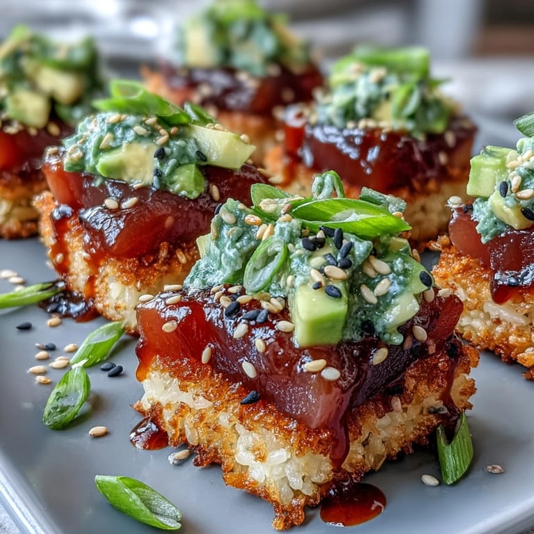 Textural crispy rice salad featuring spicy tuna, avocado, and a zesty dressing.