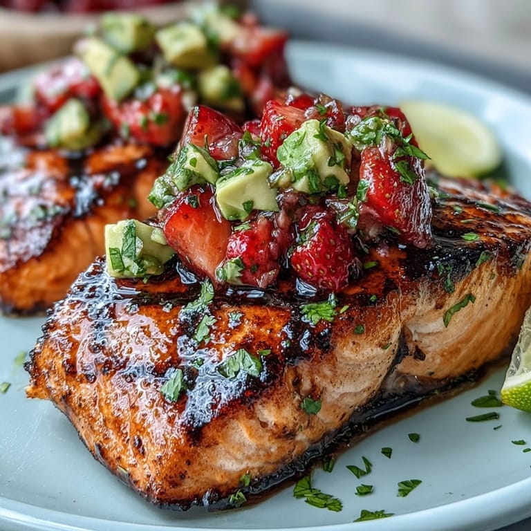 Delectable grilled salmon fillets crowned with a colorful, refreshing strawberry avocado salsa ready to serve.