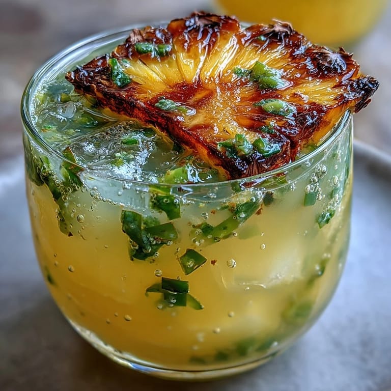 Close-up of glistening Pineapple Jalapeño Agua Fresca with ice and fruit garnish.