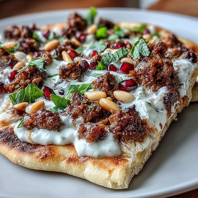 Mouthwatering spiced lamb flatbread pizza garnished generously with mint and creamy yogurt.