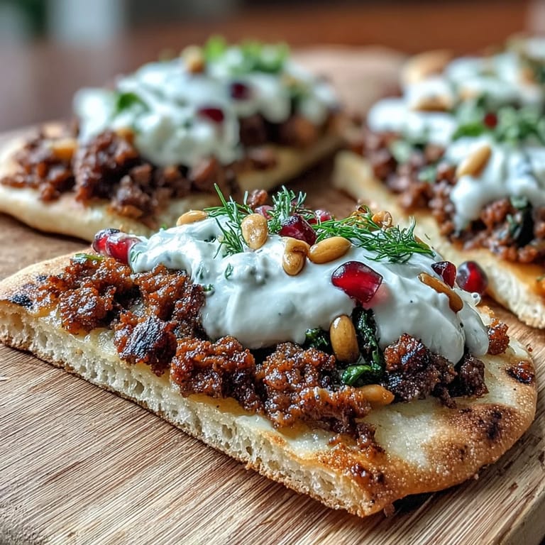 Flavorful Middle Eastern spiced lamb flatbread pizza, ready to be sliced and enjoyed.