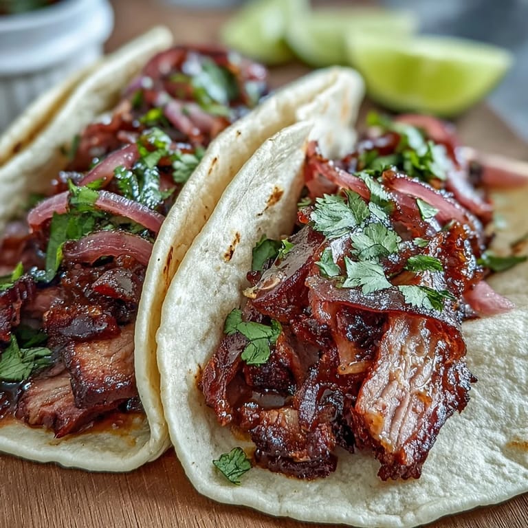 Juicy smoked brisket tacos, a Tex-Mex delight with vibrant pickled red onion garnish.