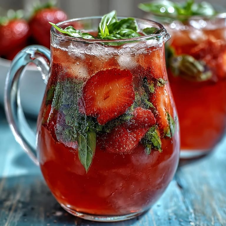 Vibrant Strawberry Basil Lemonade Pitcher, ready to serve chilled with ice chunks.