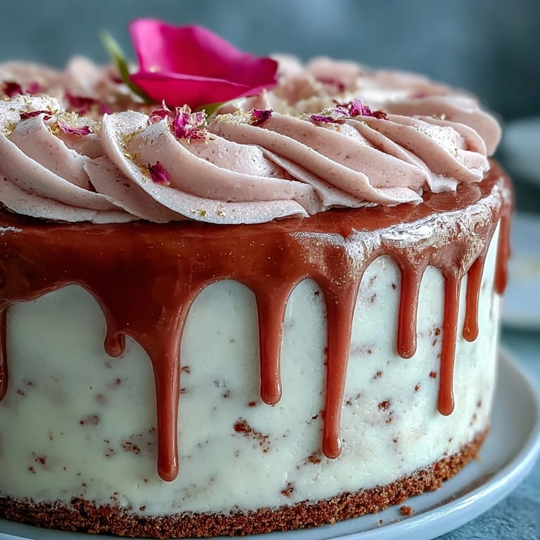 Close-up of Bridal Shower Rosé Velvet Cake's luxurious pink frosting.