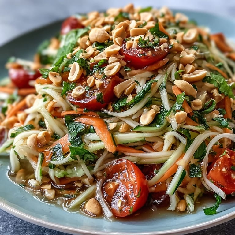 Vibrant Som Tam salad, fresh papaya, crunchy peanuts, zesty dressing.