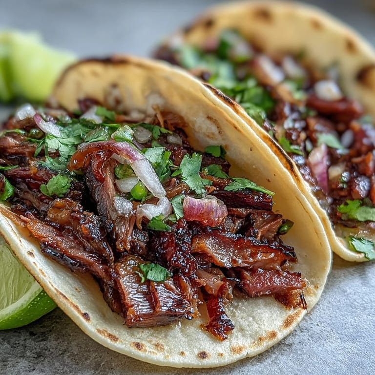 Hearty smoked brisket tacos, perfectly seasoned, topped with bright pickled red onions.