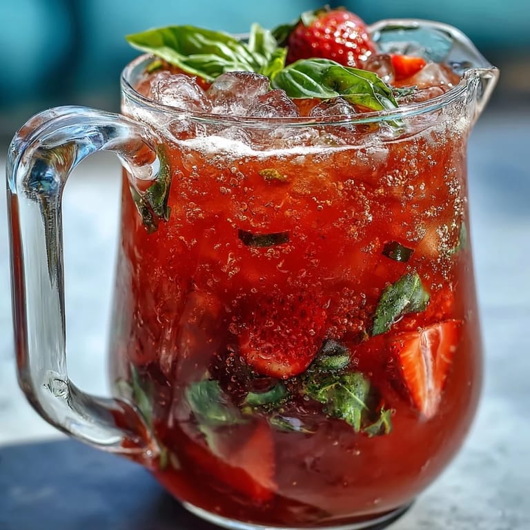 Party-perfect Strawberry Basil Lemonade Pitcher, showcasing bright red and green colors.