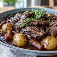 Golden-brown beef pot roast with tender carrots and baby potatoes swimming in a rich, savory red wine gravy.