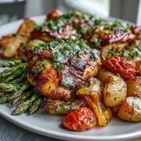 Vibrant sheet pan chicken with spring veggies, juicy chicken paired with fresh asparagus and cherry tomatoes for a healthy dinner.  