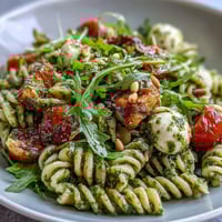Fresh summer pasta salad with pesto, cherry tomatoes, and mozzarella, bursting with bright flavors and creamy textures, ideal for picnics and warm-weather dining.