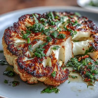 Smoky BBQ Cauliflower Steaks adorned with bright, fresh chimichurri.