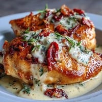 Golden seared chicken breasts swimming in creamy sun-dried tomato sauce.