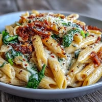 Creamy One-Pot Tuscan Pasta with vibrant spinach and sun-dried tomatoes, ready in minutes.
