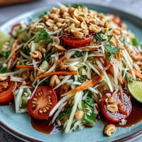 Crisp Thai Papaya Salad with peanuts, bright lime, bursting tomatoes.