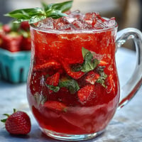 Frothy Strawberry Basil Lemonade Pitcher with fresh fruit and basil garnish.